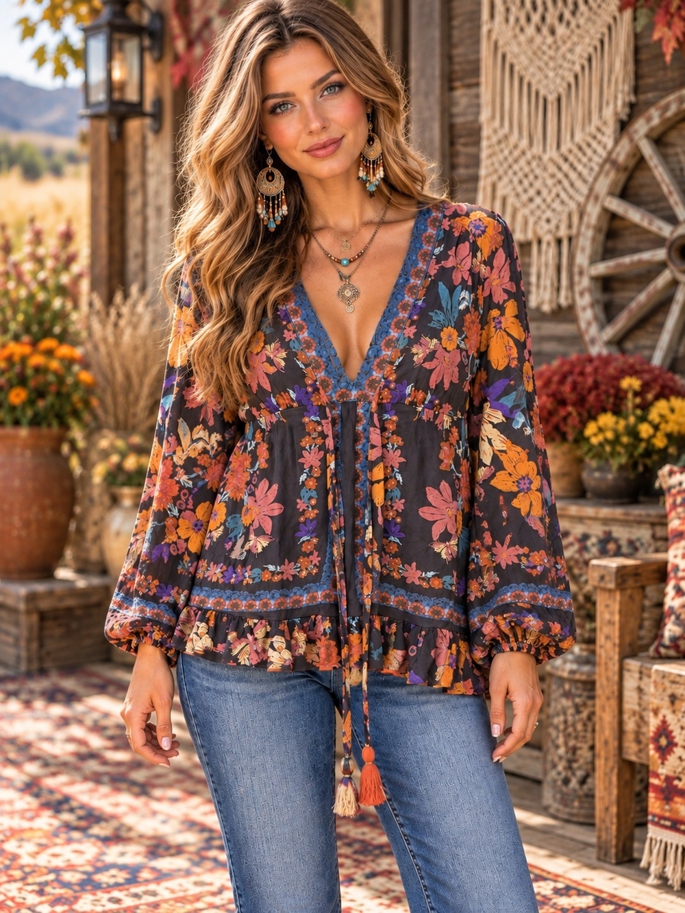 Free People Women’s Size 6 Floral Boho Blouse Tunic Long Sleeve Ruffle Hem